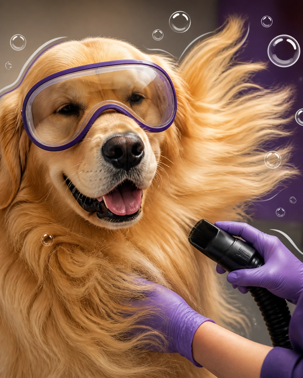 A fluffy golden retriever enjoys a careful professional de-shedding blowout while wearing oversized goggles