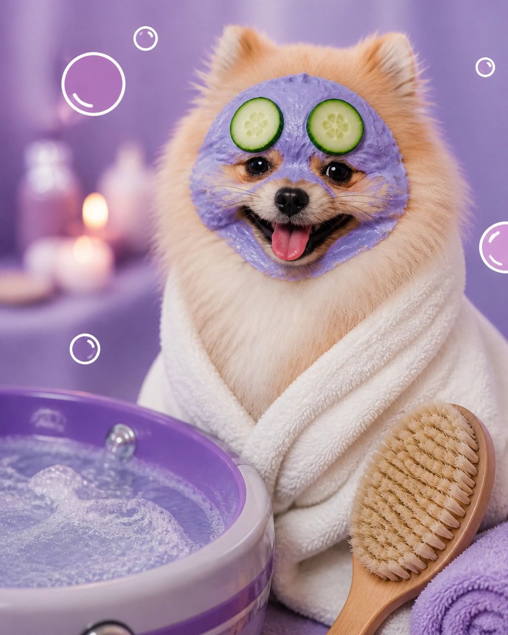 A tiny Pomeranian wrapped in a towel with blueberry facial foam, cucumber slices, and playful spa accessories