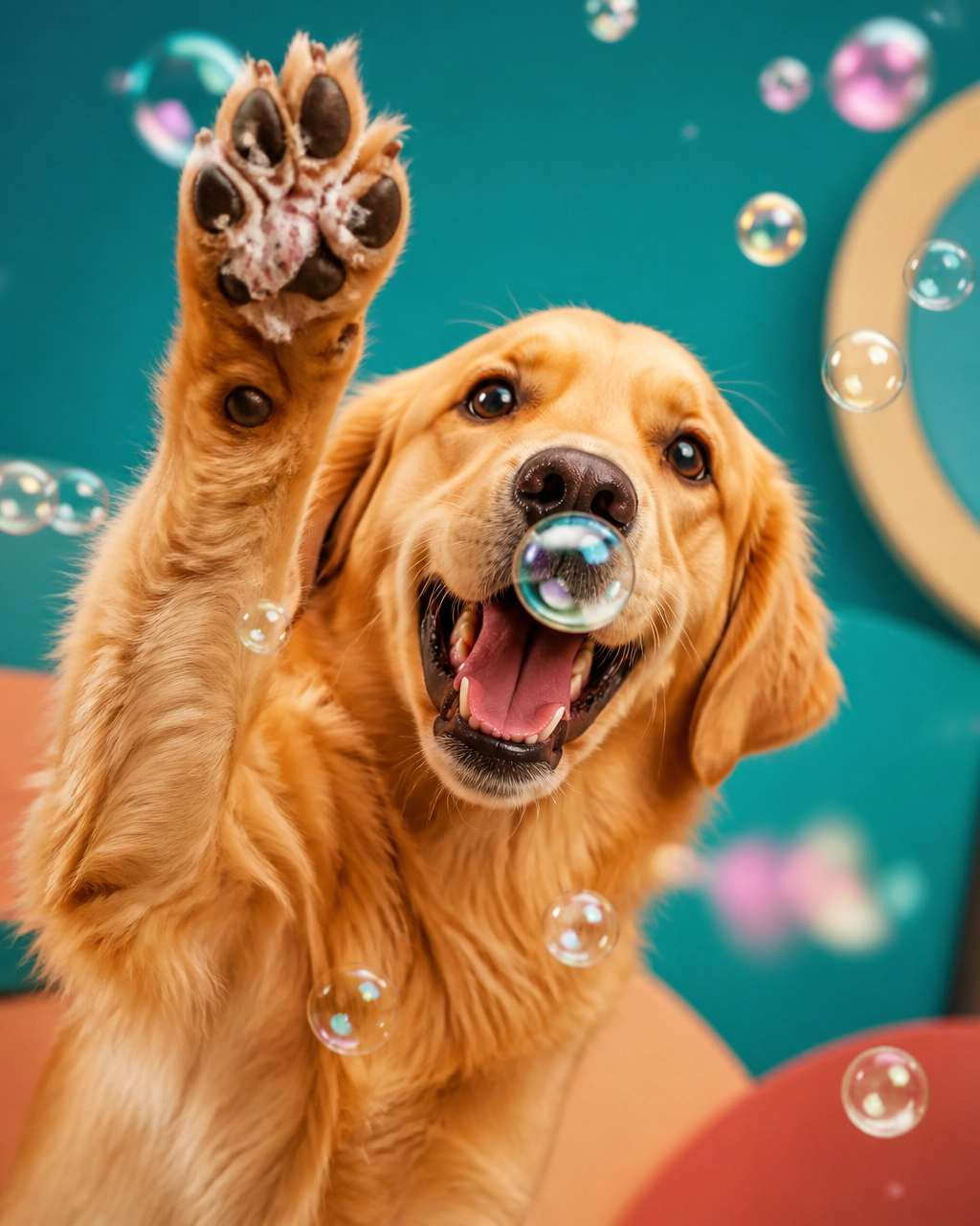 Happy Golden Retriever catching soap bubbles after a professional mobile groom