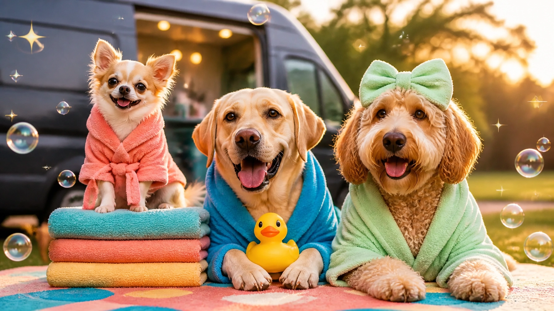 A freshly groomed Labrador, Chihuahua, and Doodle wearing oversized bathrobes and posing together after a playful spa day