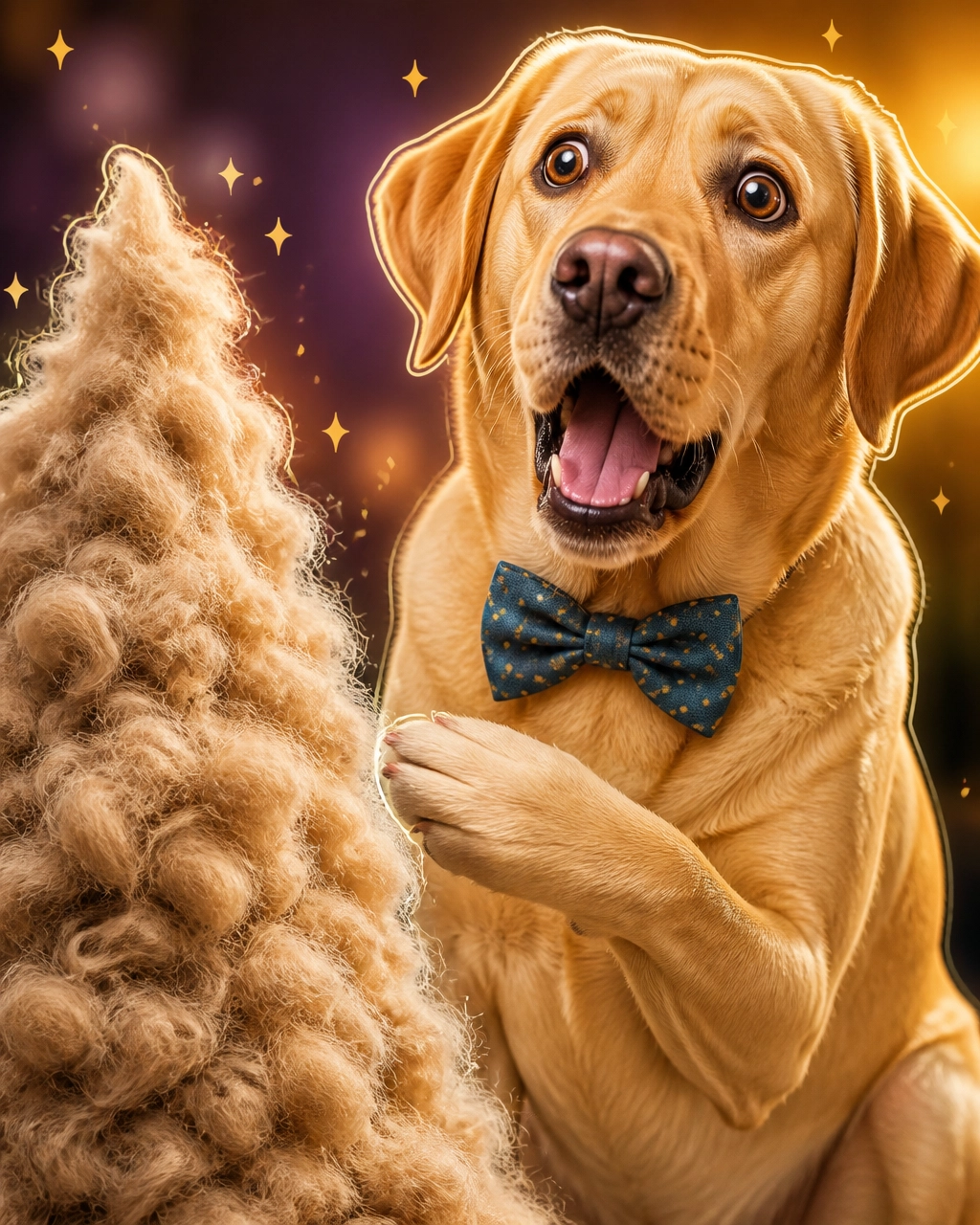 A proud Labrador poses beside an enormous pile of brushed-out fur shaped like a tiny mountain