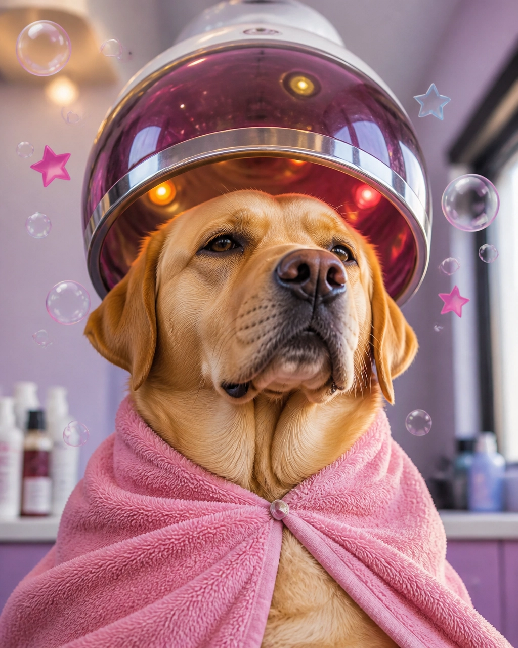 Large Labrador retriever wearing a towel cape and a funny oversized dryer bonnet inside a mobile grooming van