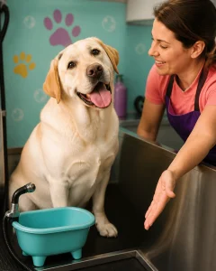 Small fluffy dogs enjoying a humorous spa-themed grooming scene