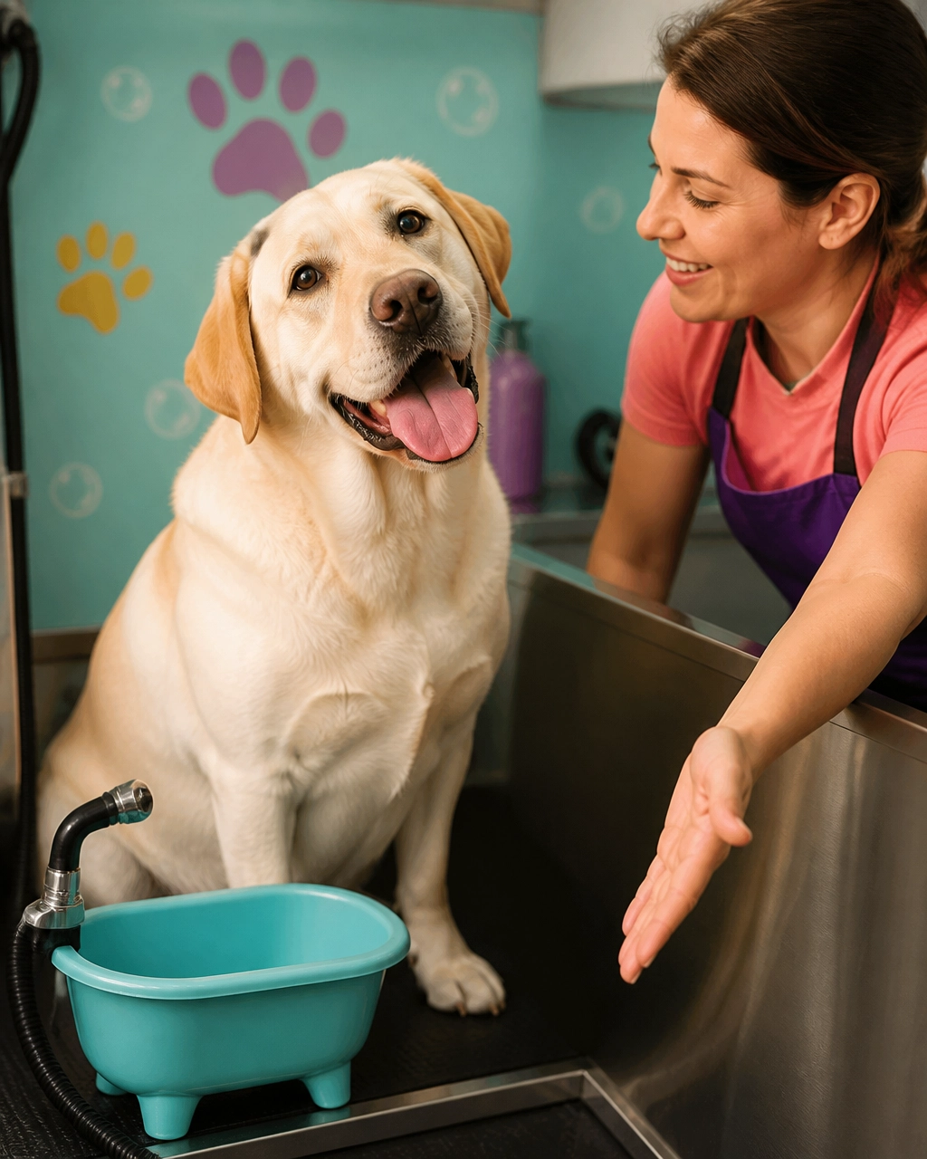 Small fluffy dogs enjoying a humorous spa-themed grooming scene