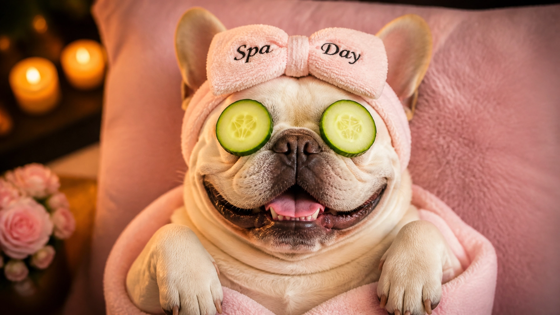 A humorous and heartwarming close-up portrait of a happy fluffy French Bulldog wearing a little spa headband and cucumbers on its eyes