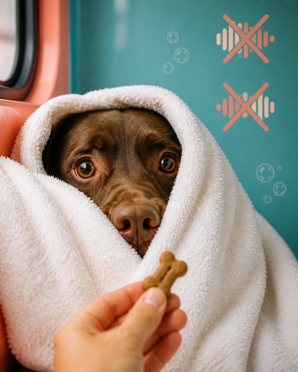McKinney mobile dog groomer helping a chocolate lab relax in a towel with a treat