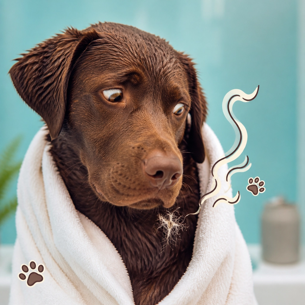 A large chocolate Labrador wrapped in a towel and inspecting one damp tuft of undercoat with a comically suspicious expression