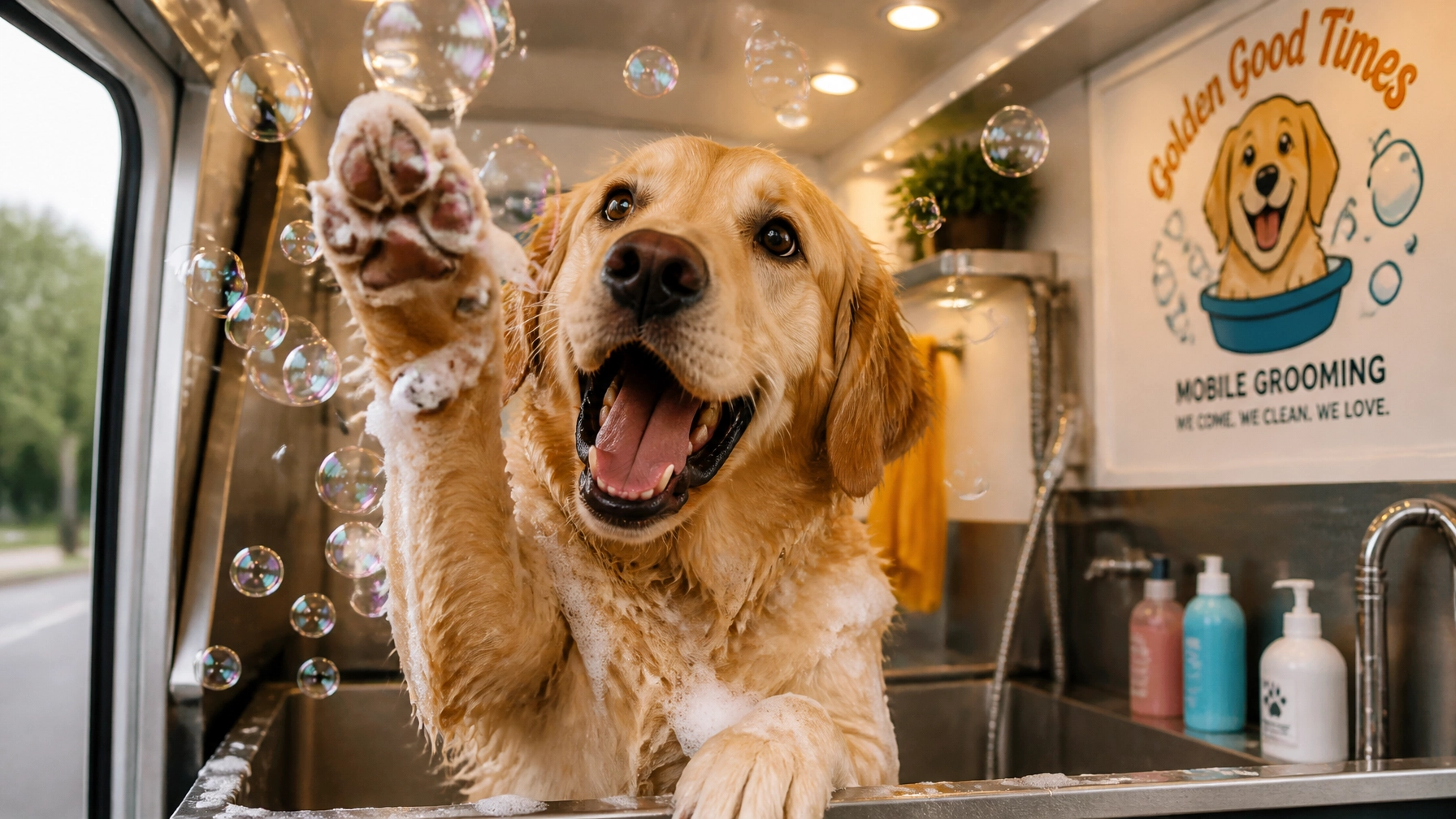 A happy Golden Retriever catching soap bubbles inside our mobile grooming van