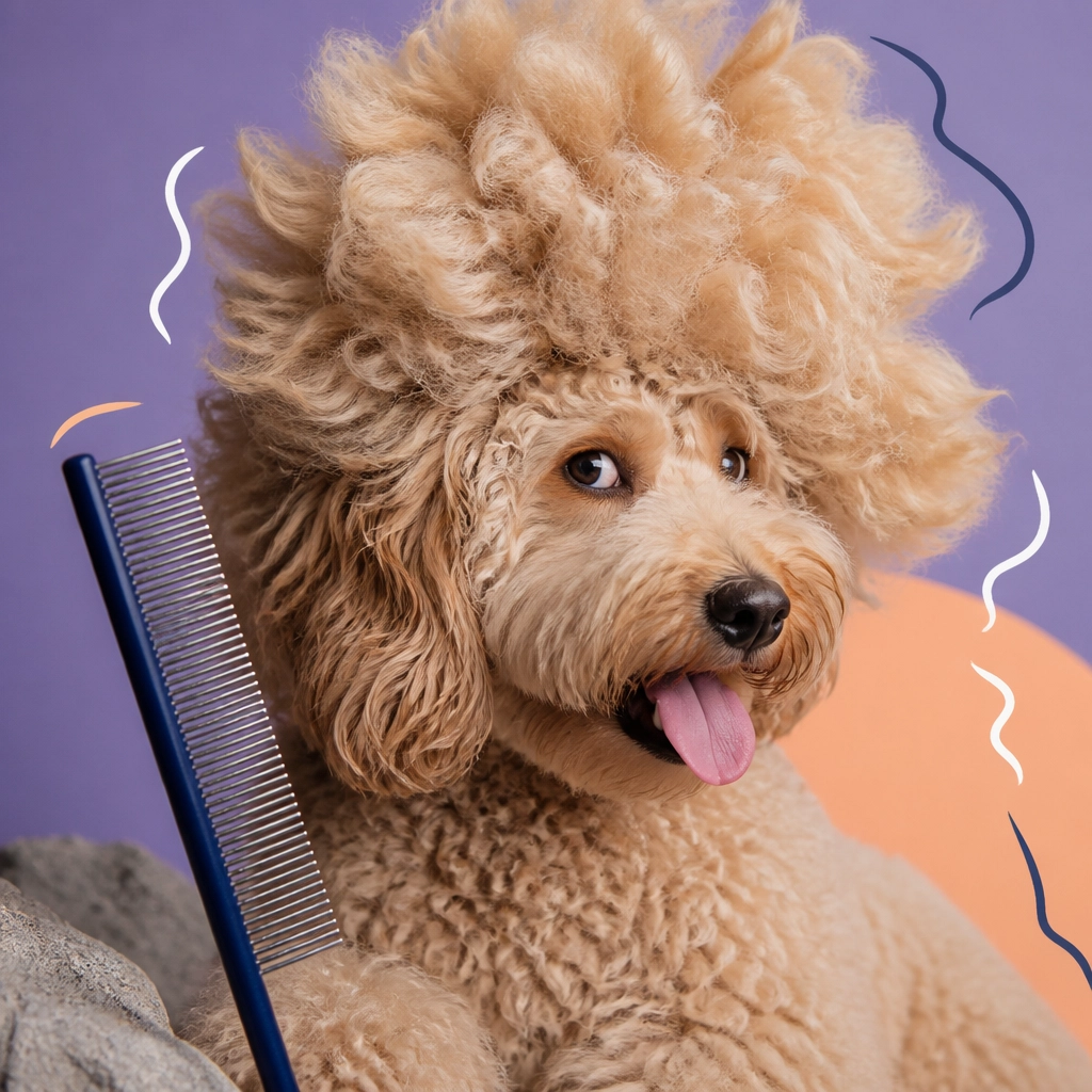 Fluffy doodle beside an oversized grooming comb, humorously surrounded by a cloud of brushed-out fur