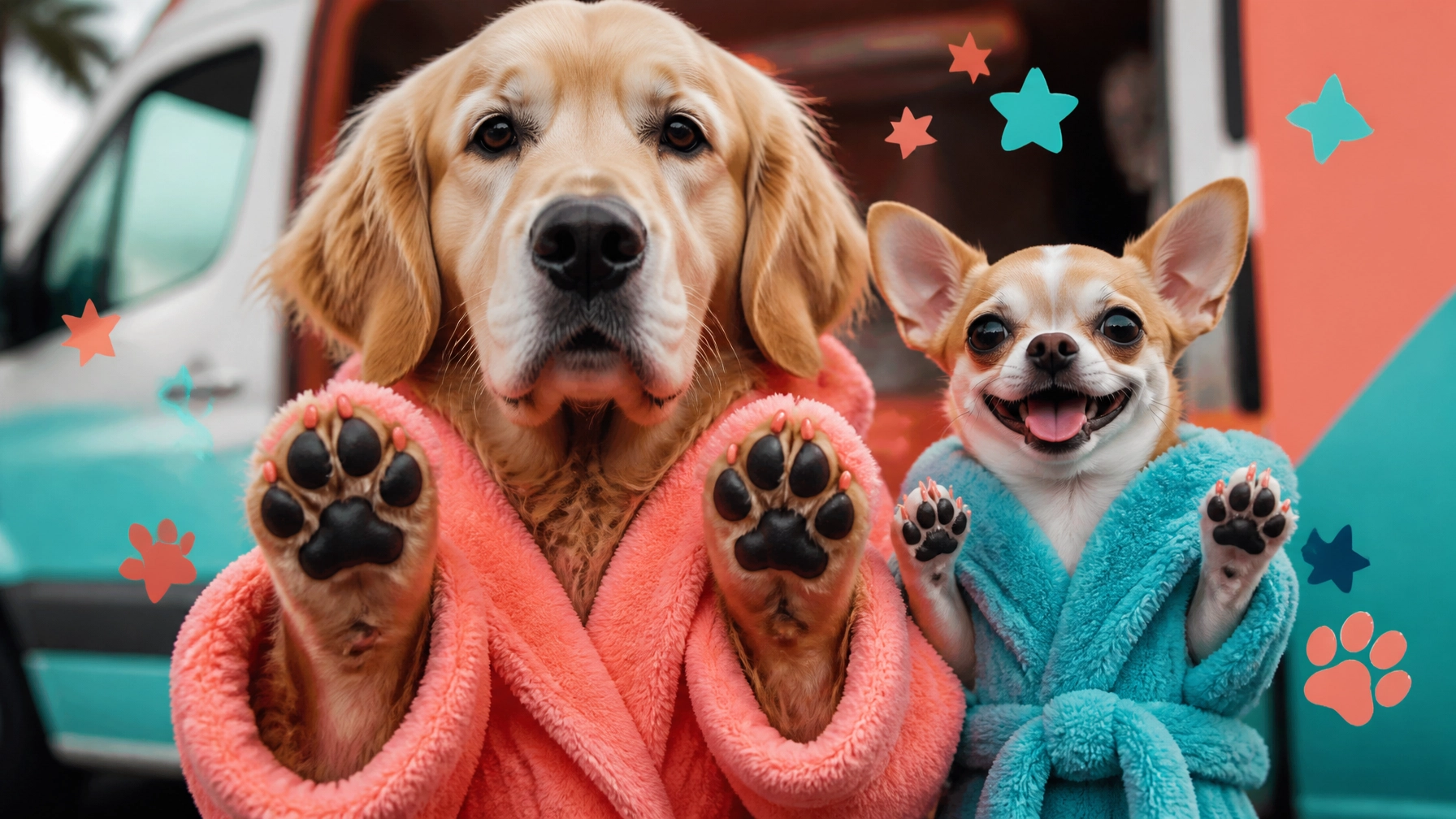 Large golden retriever and tiny chihuahua proudly displaying freshly groomed paws in matching spa robes, mckinney mobile dog groomer