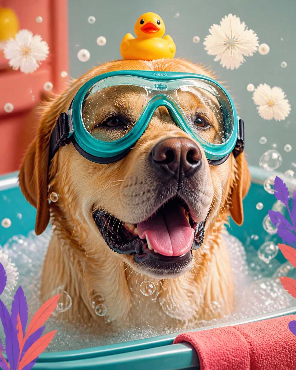 A large Labrador Retriever enjoying a playful oxygenated bath with oversized goggles and a rubber duck