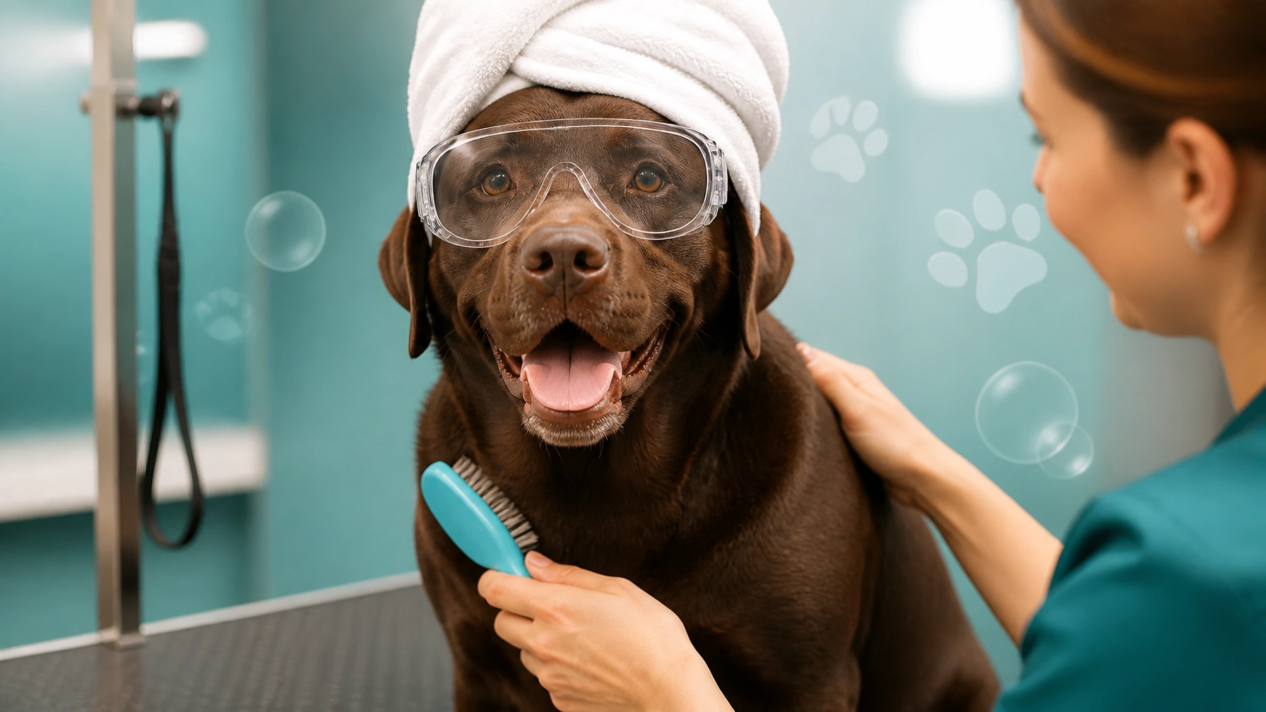 A chocolate Labrador wearing oversized safety goggles while receiving gentle grooming inside a clean mobile salon