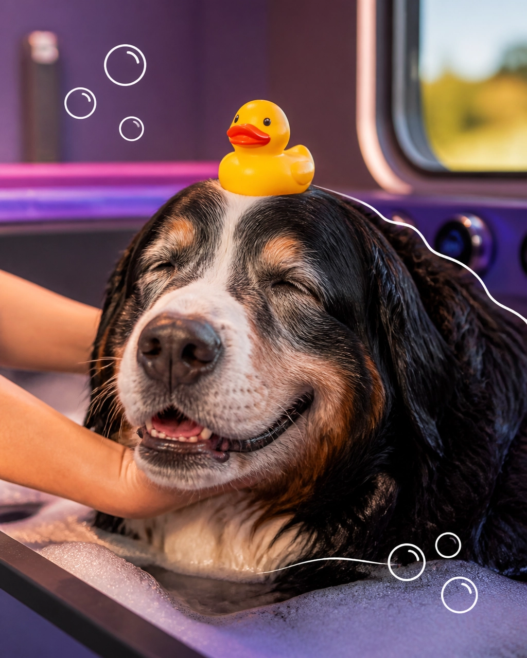 A relaxed senior Bernese Mountain Dog enjoying a hydromassage bath with a rubber duck balanced on its head