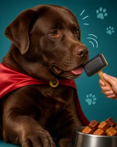 A large chocolate Labrador wearing a tiny superhero cape while calmly sniffing a grooming brush