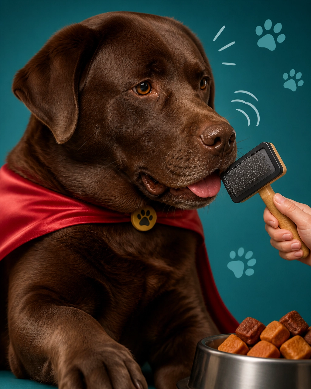 A large chocolate Labrador wearing a tiny superhero cape while calmly sniffing a grooming brush