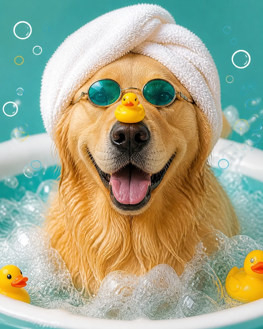 A large Golden Retriever wearing a towel turban and spa goggles while relaxing in a bubbly hydromassage tub