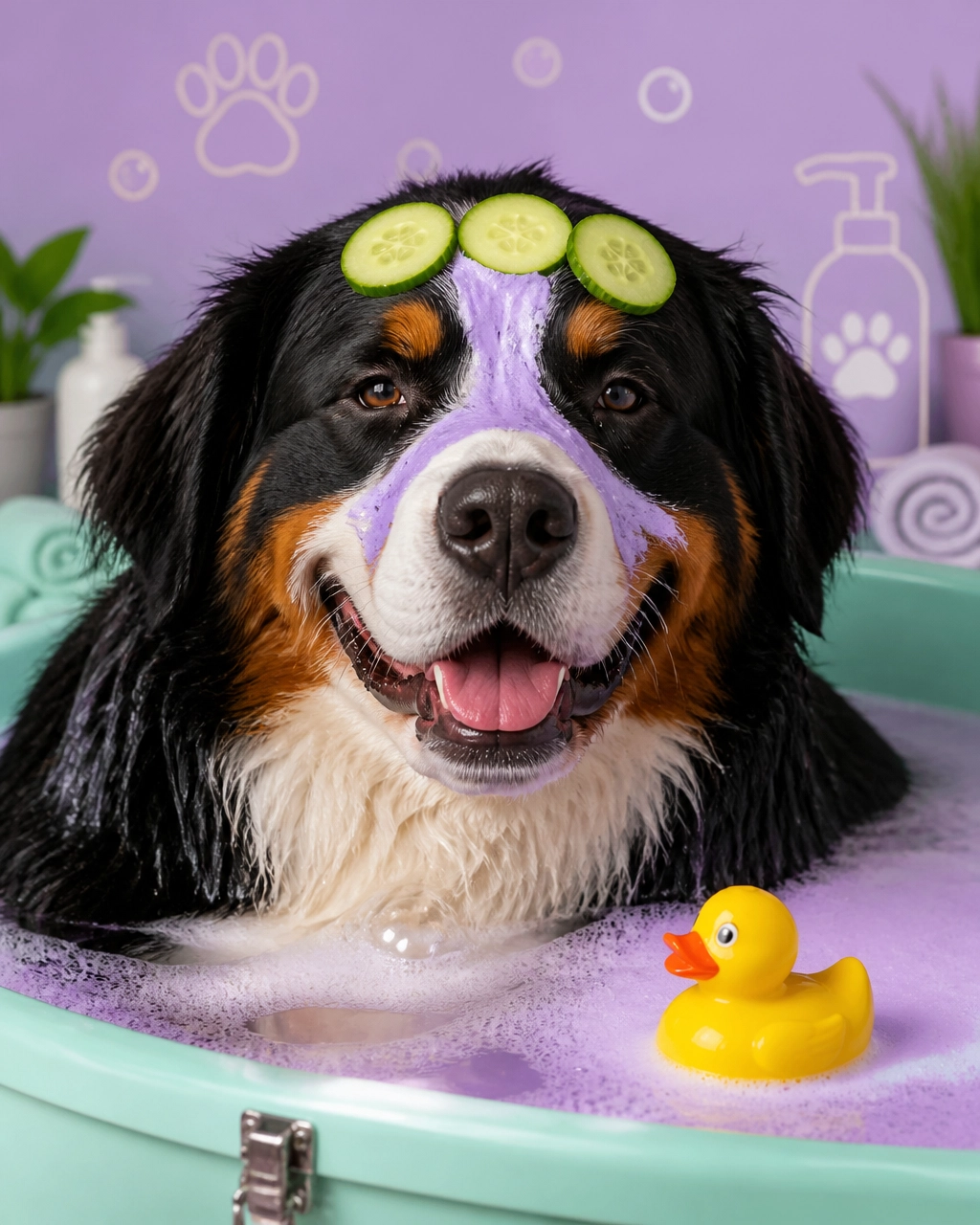 Huge fluffy Bernese Mountain Dog enjoying a blueberry facial with cucumber slices and a rubber duck