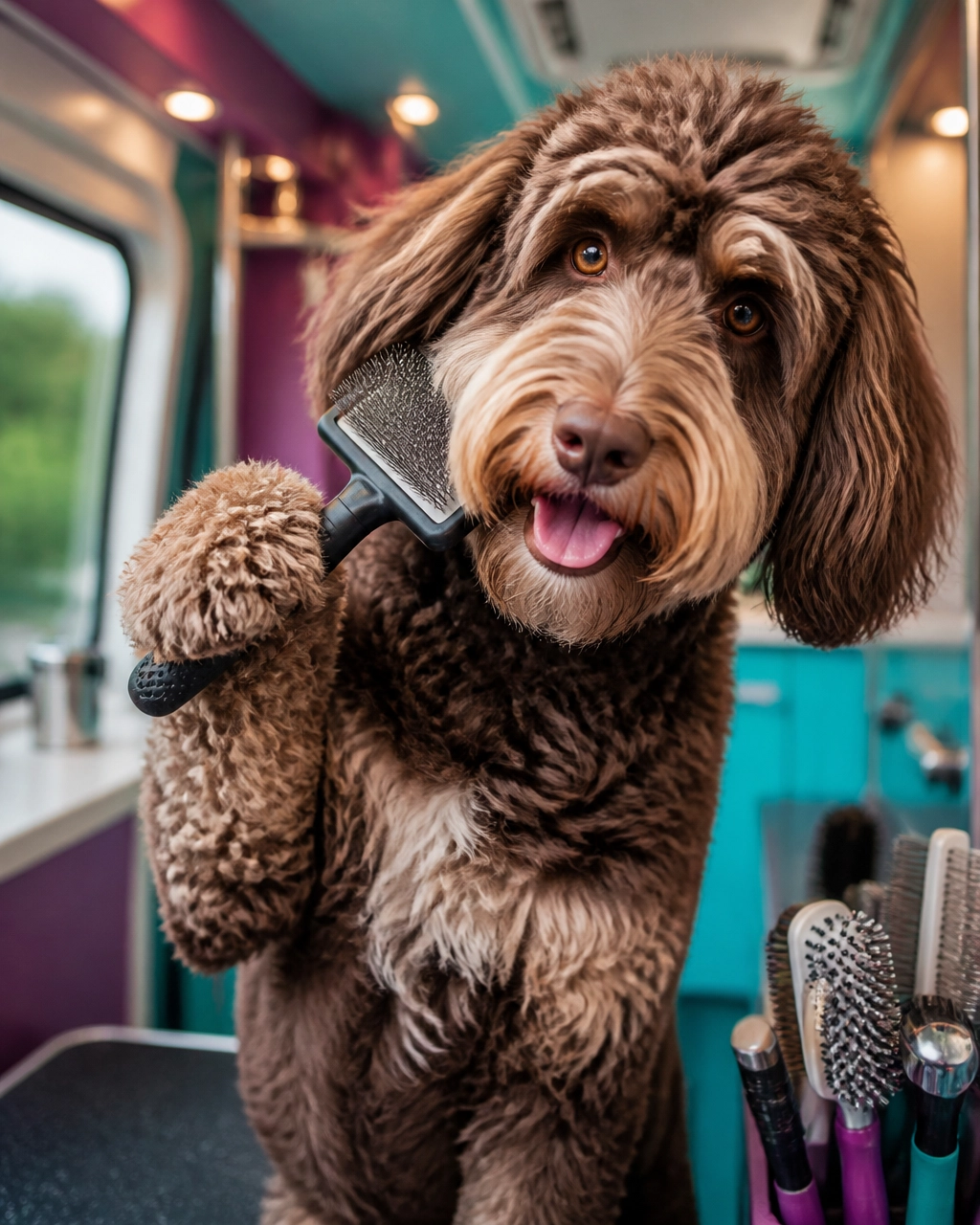 McKinney mobile dog groomer helping a playful Labradoodle with a grooming brush