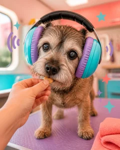 A senior terrier wearing oversized noise-reducing earmuffs while receiving a treat during a calm grooming session