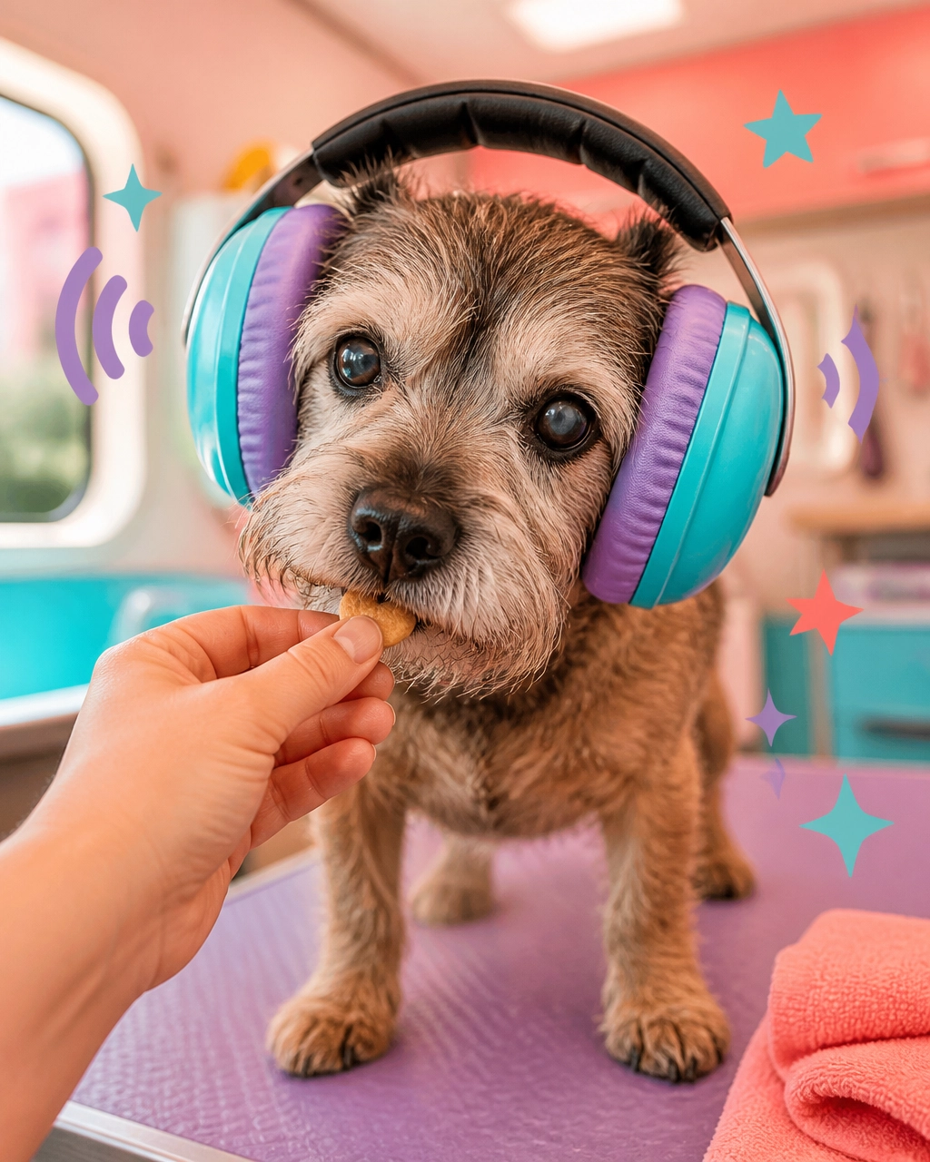 A senior terrier wearing oversized noise-reducing earmuffs while receiving a treat during a calm grooming session