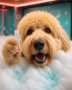 Large fluffy Goldendoodle enjoying a humorous oxygenated bath and hydromassage