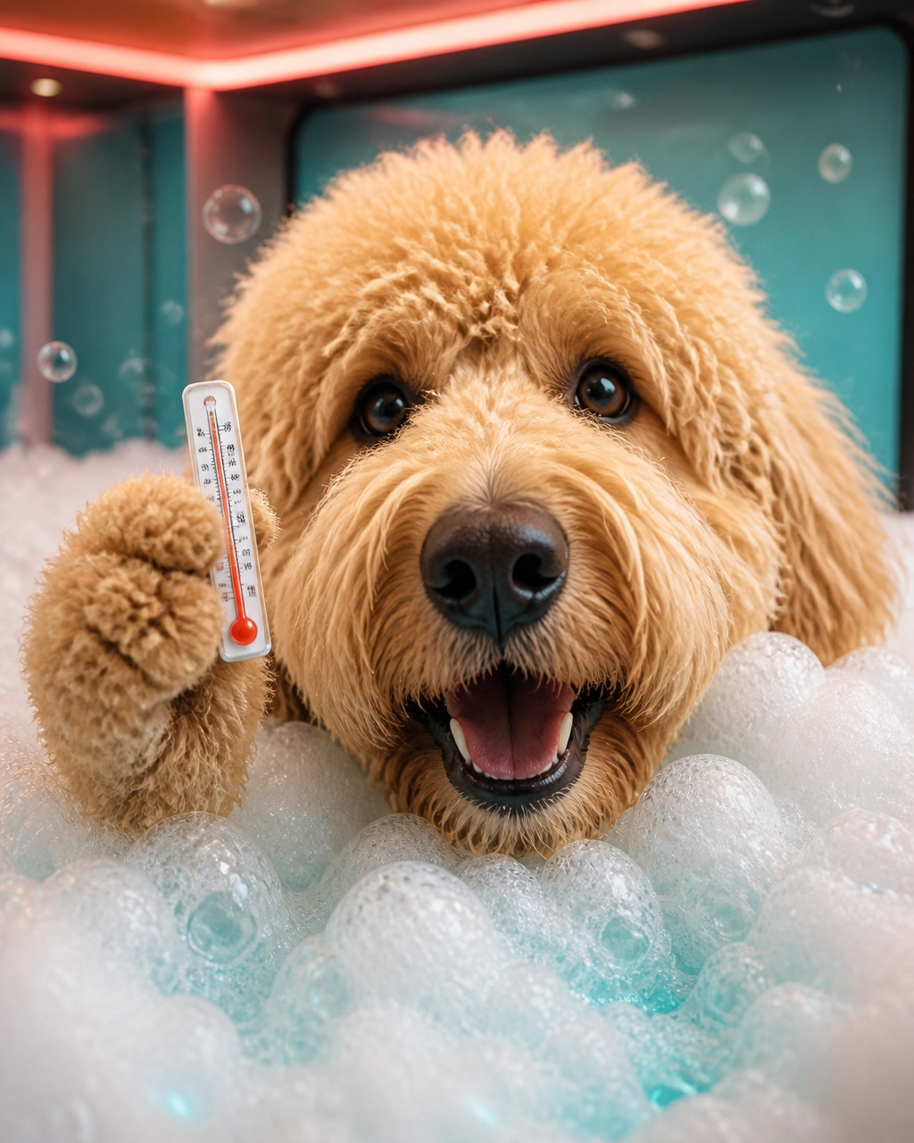 Large fluffy Goldendoodle enjoying a humorous oxygenated bath and hydromassage