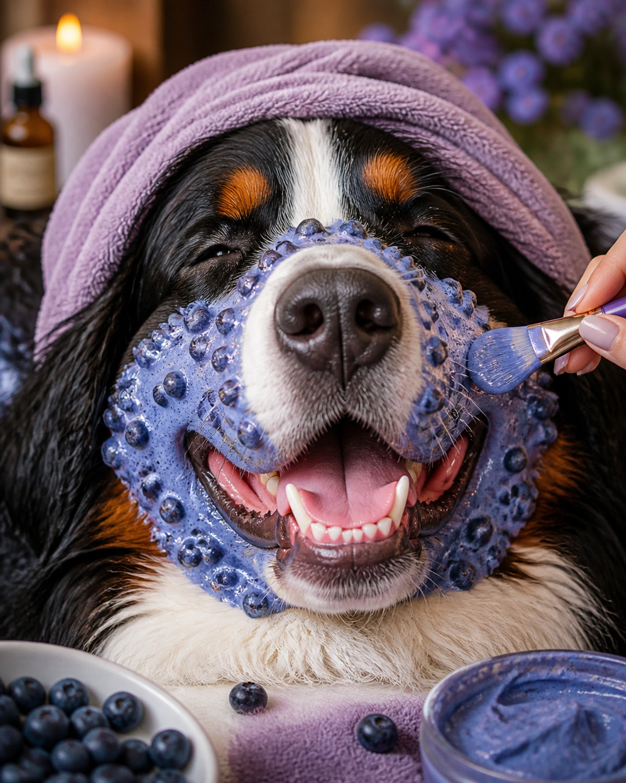 Giant fluffy Bernese Mountain Dog receiving a blueberry facial