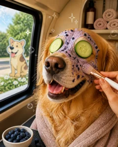 McKinney mobile dog groomer giving a golden retriever a playful blueberry facial in a private van