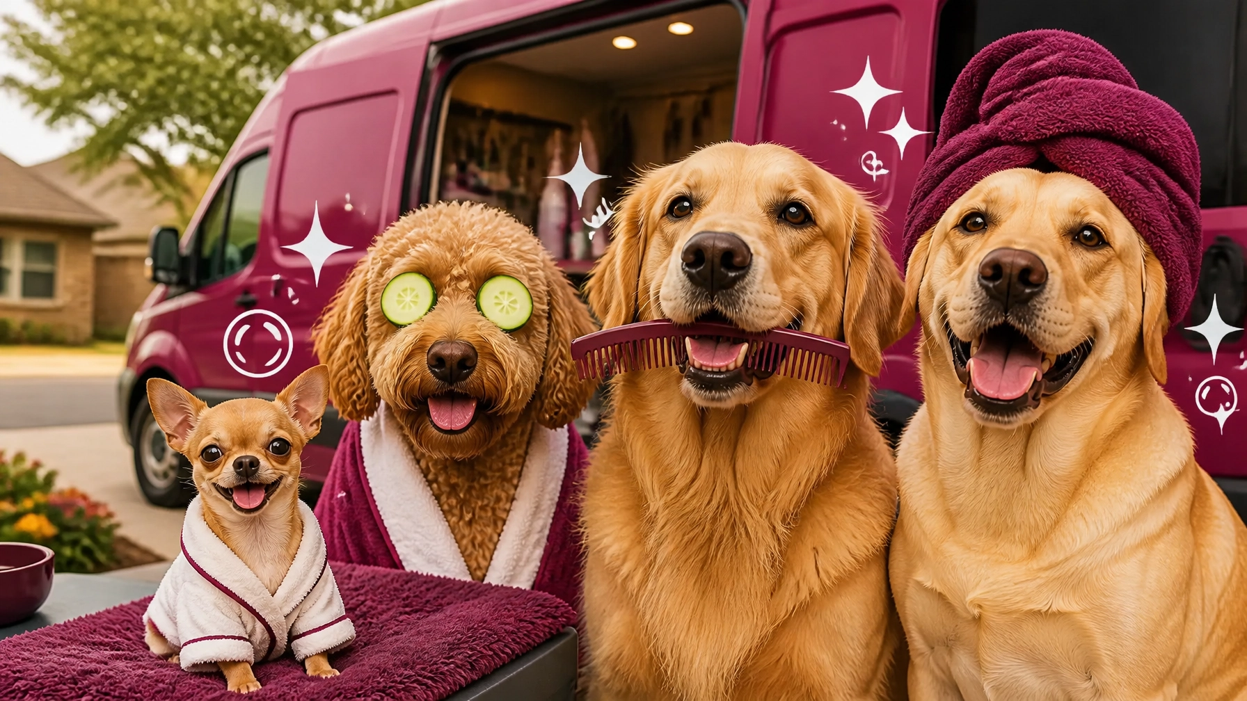 Four freshly groomed dogs posing outside a luxury mobile grooming van with silly towels, cucumbers, and spa props
