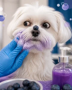 Small fluffy dog receiving a careful blueberry facial while keeping the product away from the eyes