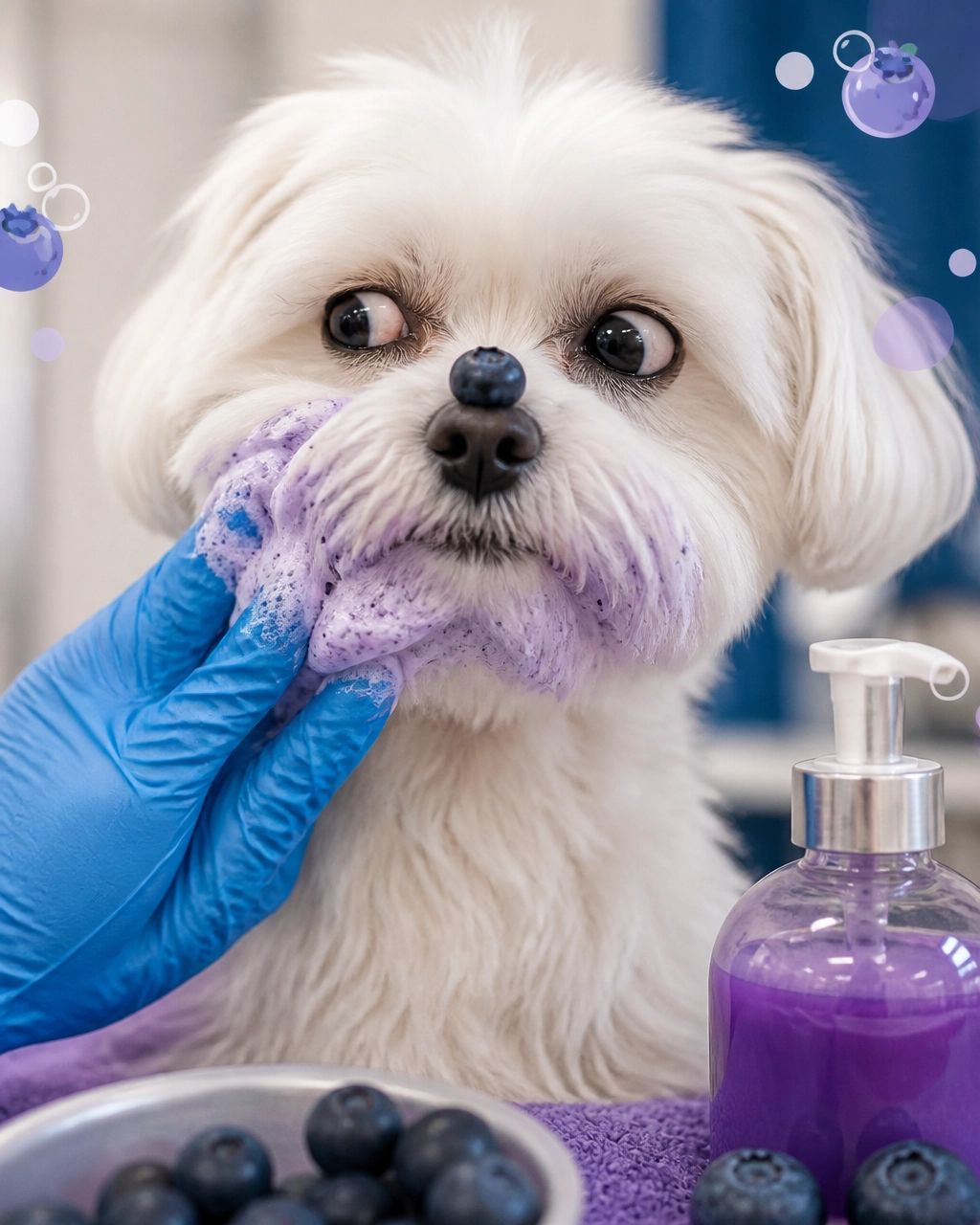 Small fluffy dog receiving a careful blueberry facial while keeping the product away from the eyes