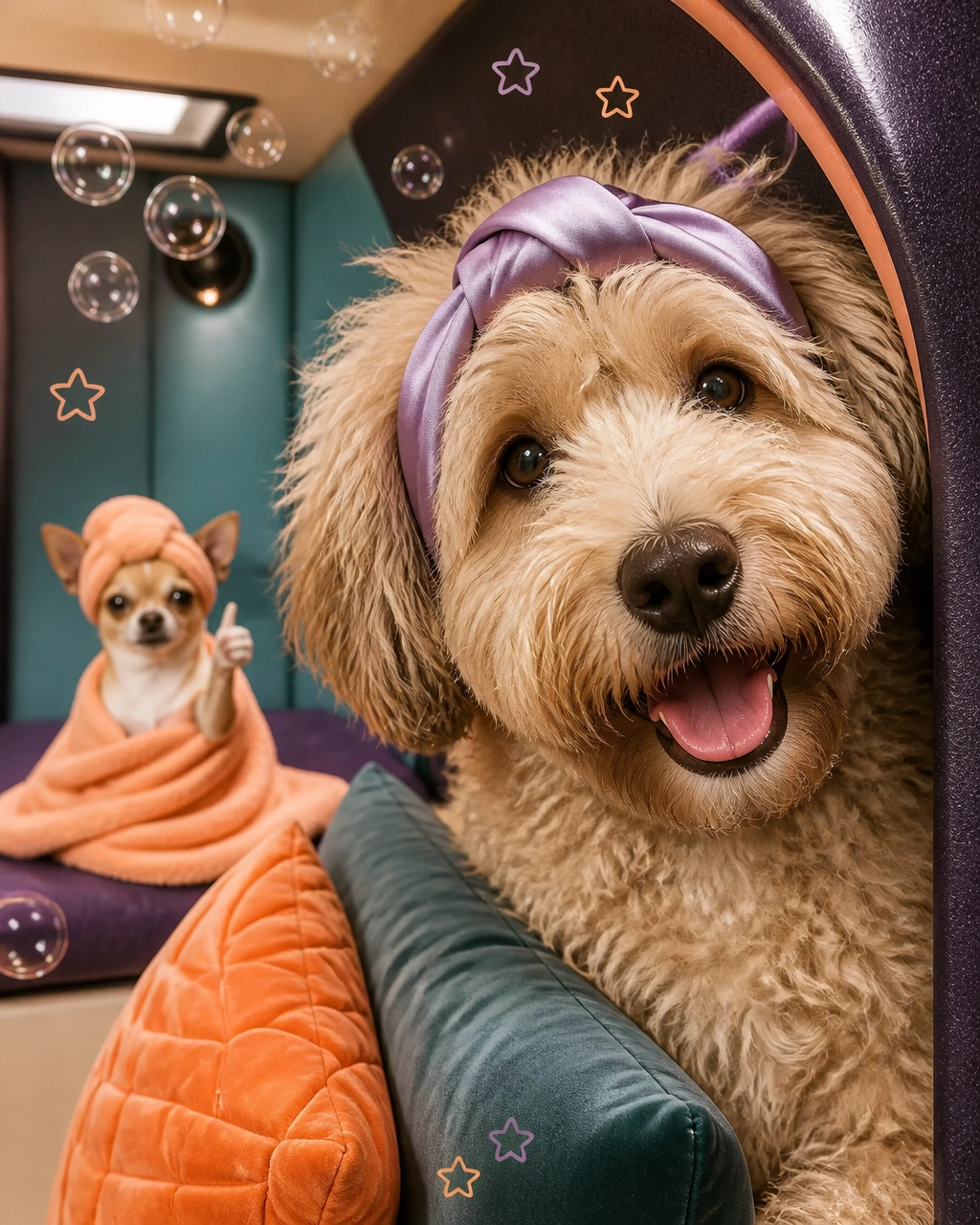 A relieved Labradoodle peeking from a calm mobile grooming van while a tiny Chihuahua gives a playful paw gesture