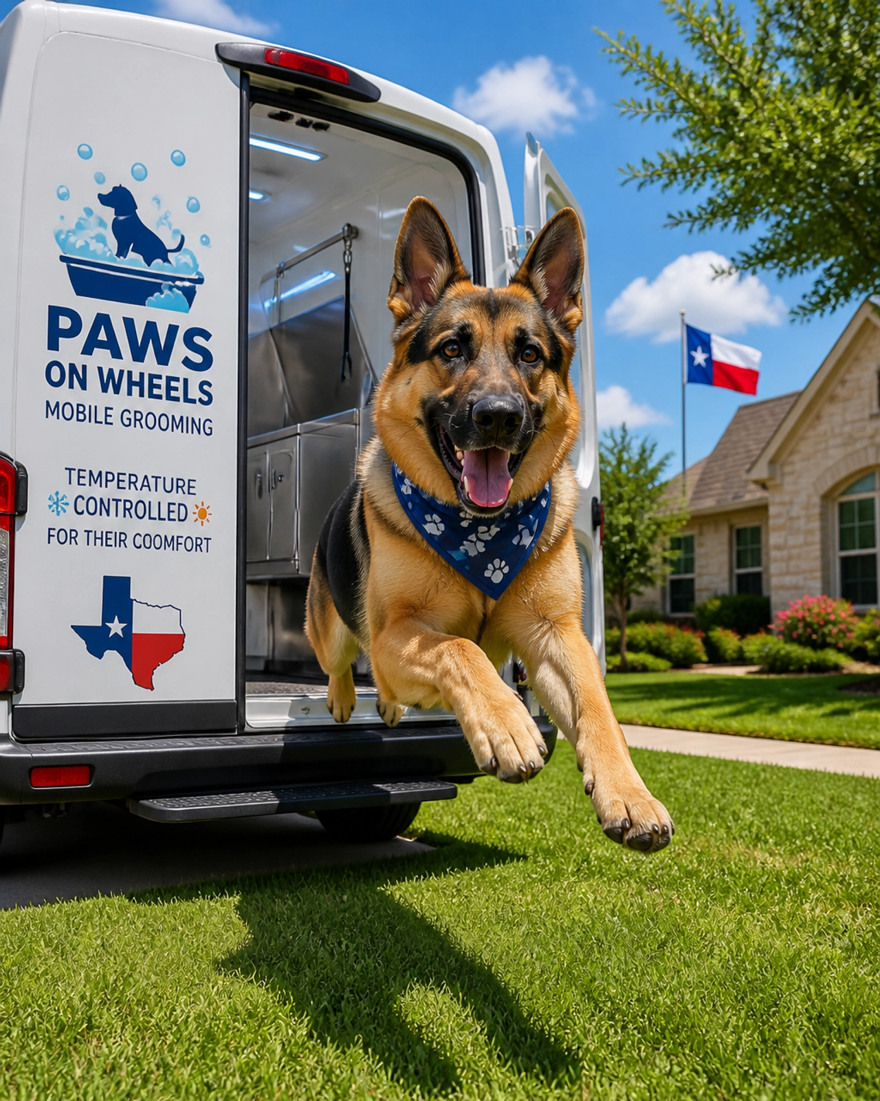 A joyful German Shepherd leaping out of a temperature controlled mobile grooming van onto a green suburban lawn