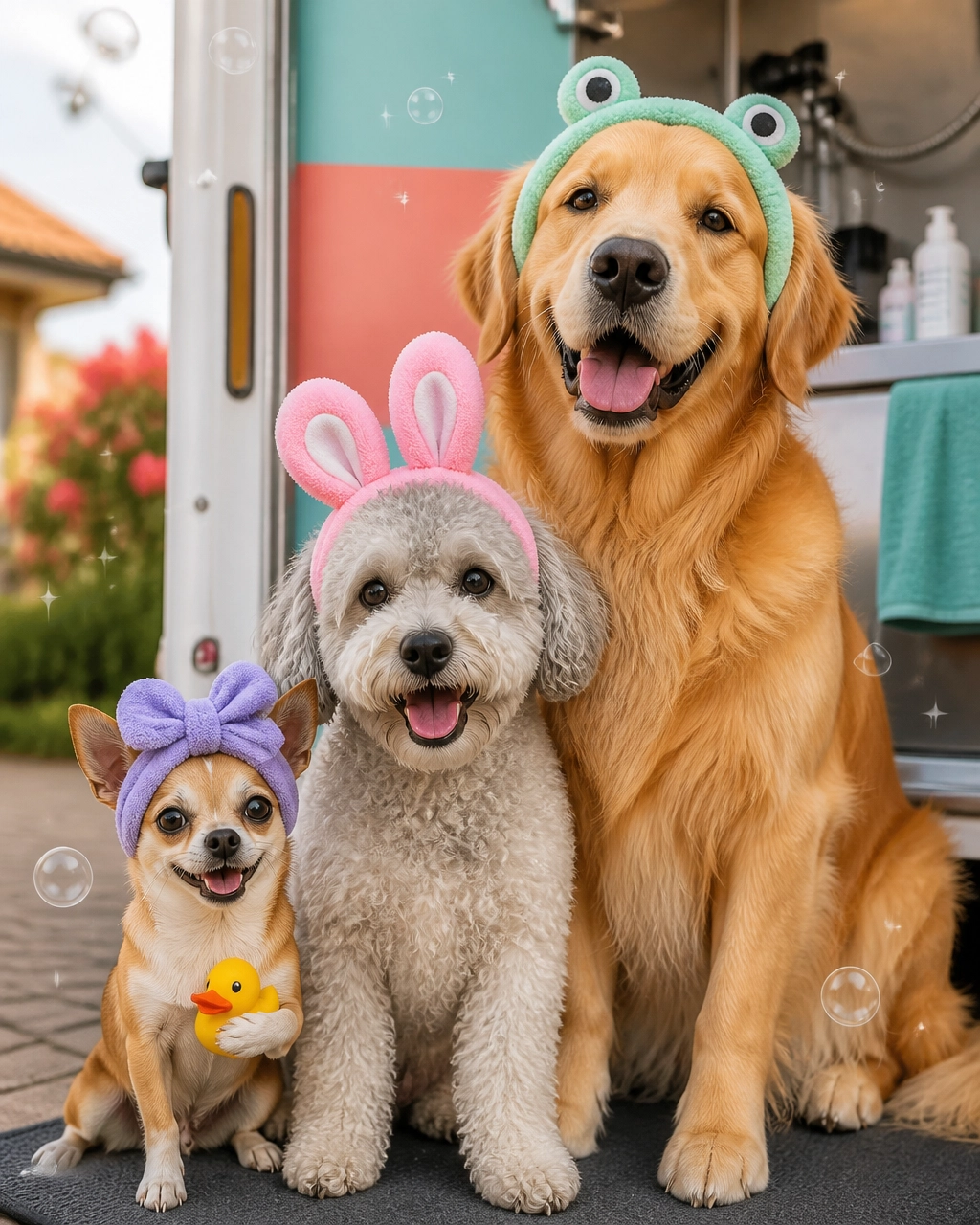 Three happy dogs of different sizes wearing silly spa headbands beside a mobile grooming van