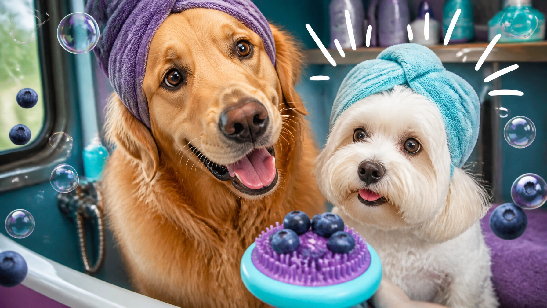 Golden retriever and small fluffy dog enjoying a playful luxury spa day together in a mobile grooming salon