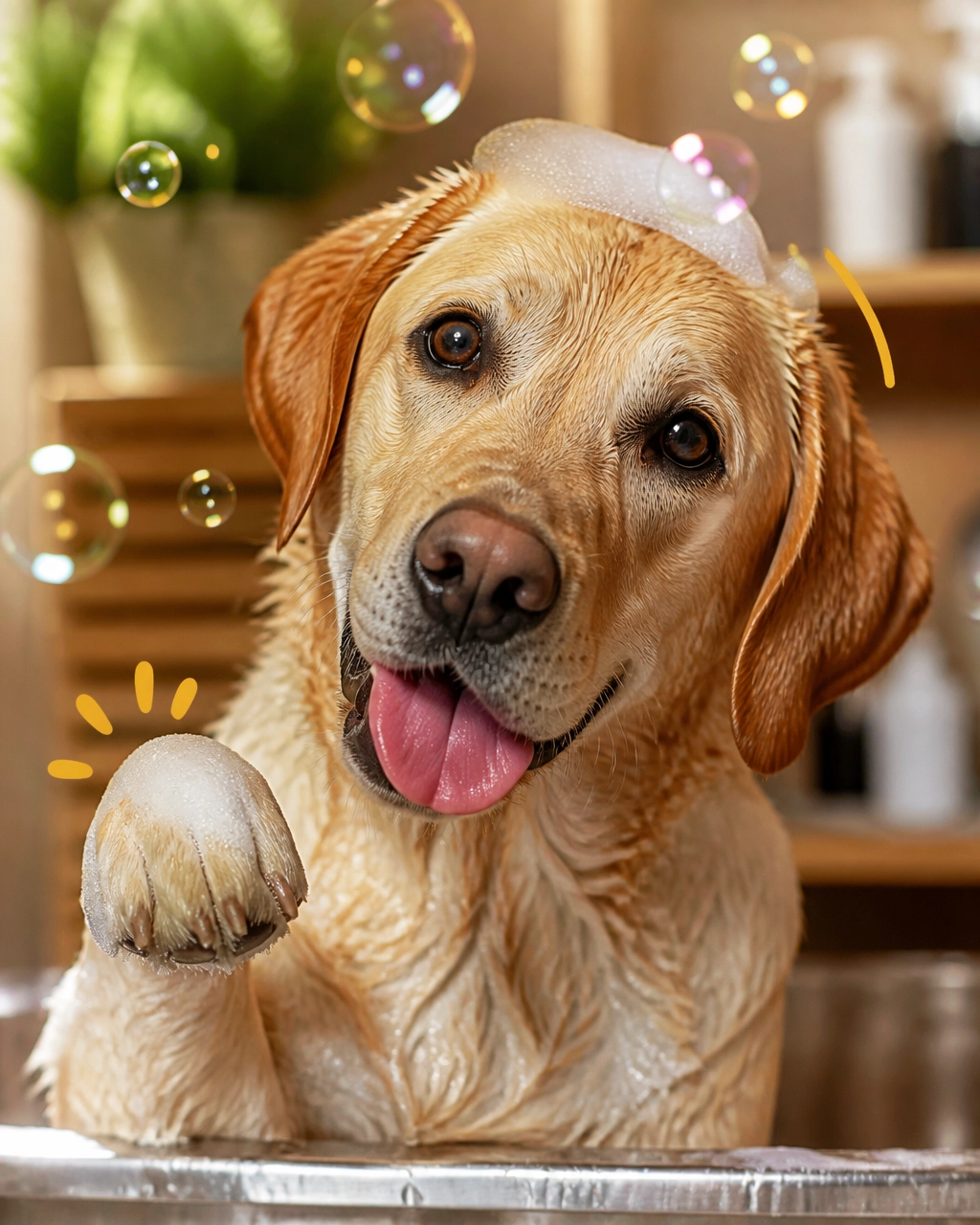 Freshly groomed Labrador with playful bubbles after a mckinney mobile dog groomer bath