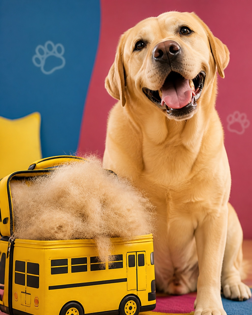 Labrador retriever humorously surrounded by loose fur and a school lunchbox