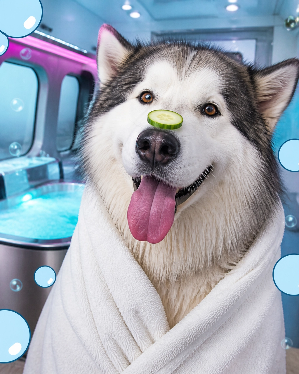 A delighted fluffy Husky is wrapped like a royal spa client after a hydromassage bath