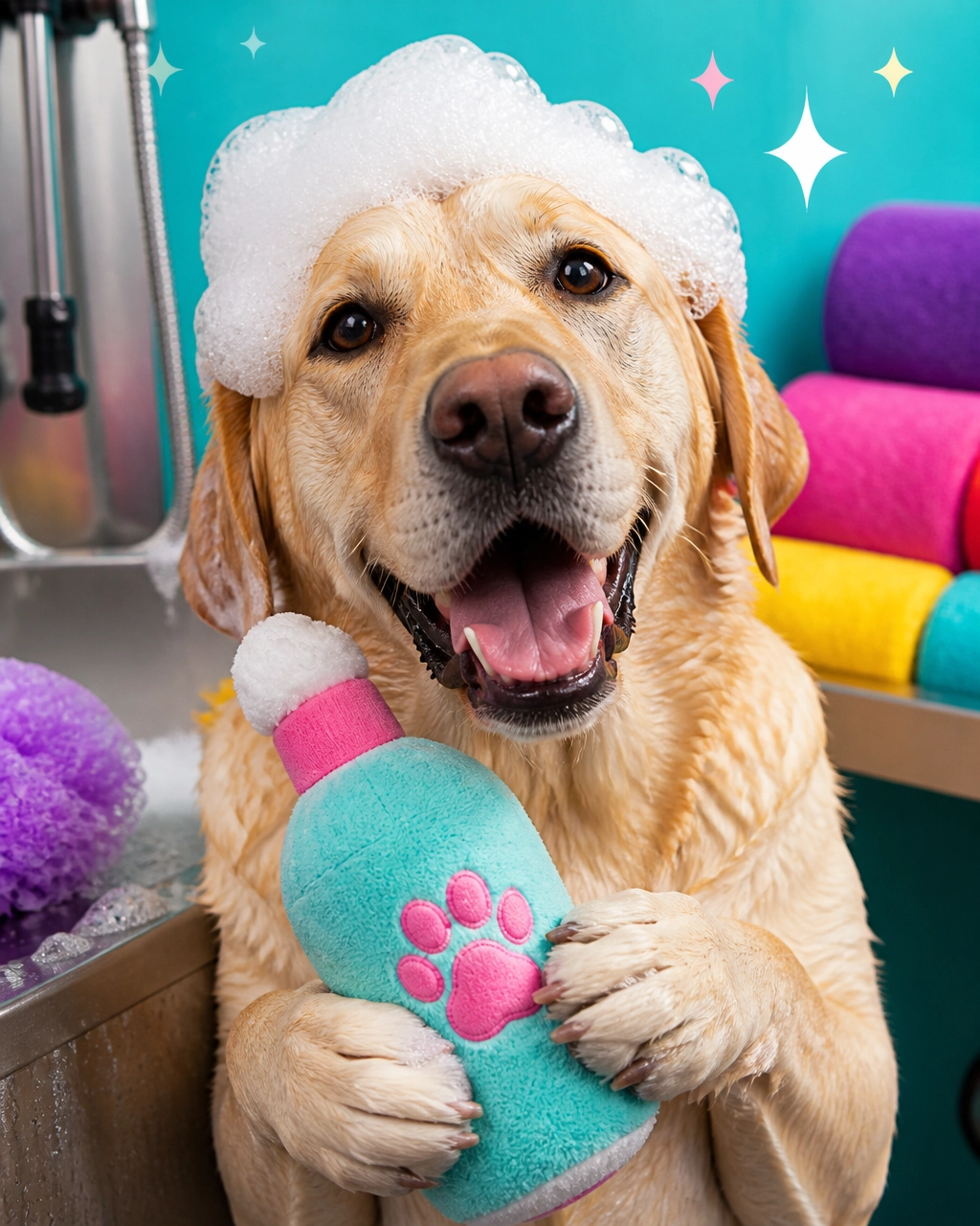 McKinney mobile dog groomer giving a joyful large lab a bubbly luxury bath