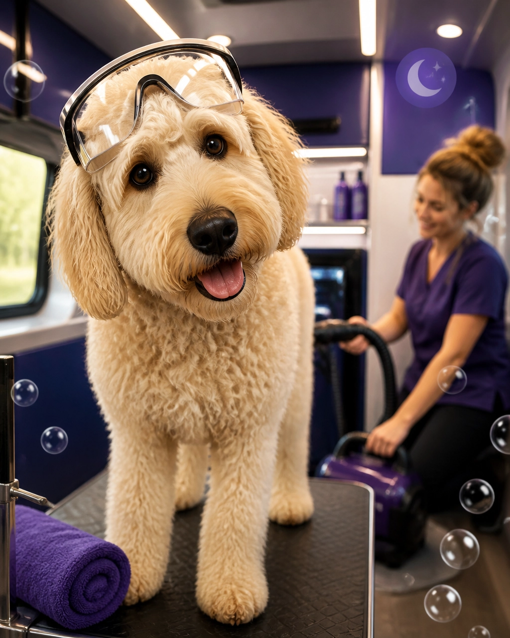 McKinney mobile dog groomer giving a playful Goldendoodle a calm private grooming session