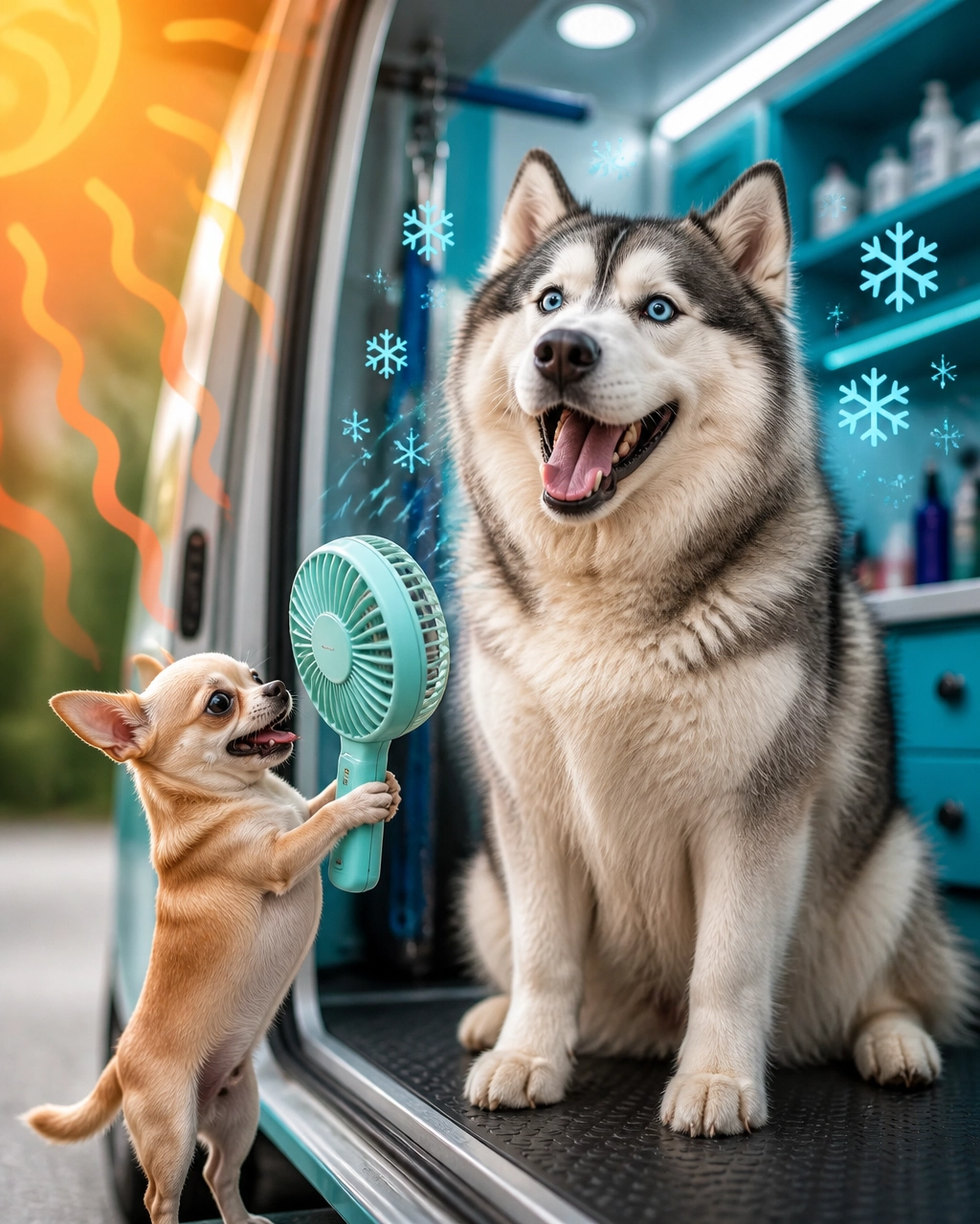 Playful husky in a mobile grooming van with a tiny chihuahua holding a fan