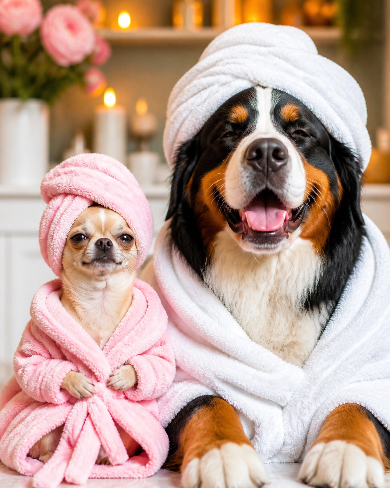 A tiny Chihuahua and a giant Bernese Mountain Dog sitting together in spa towels