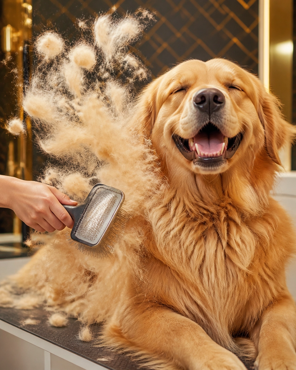 Fluffy golden retriever enjoying a mckinney mobile dog groomer de-shedding session with a silly fur cloud