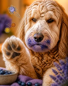A giant Goldendoodle raising one paw as cartoon dust mites and pollen bounce away from its freshly brushed coat