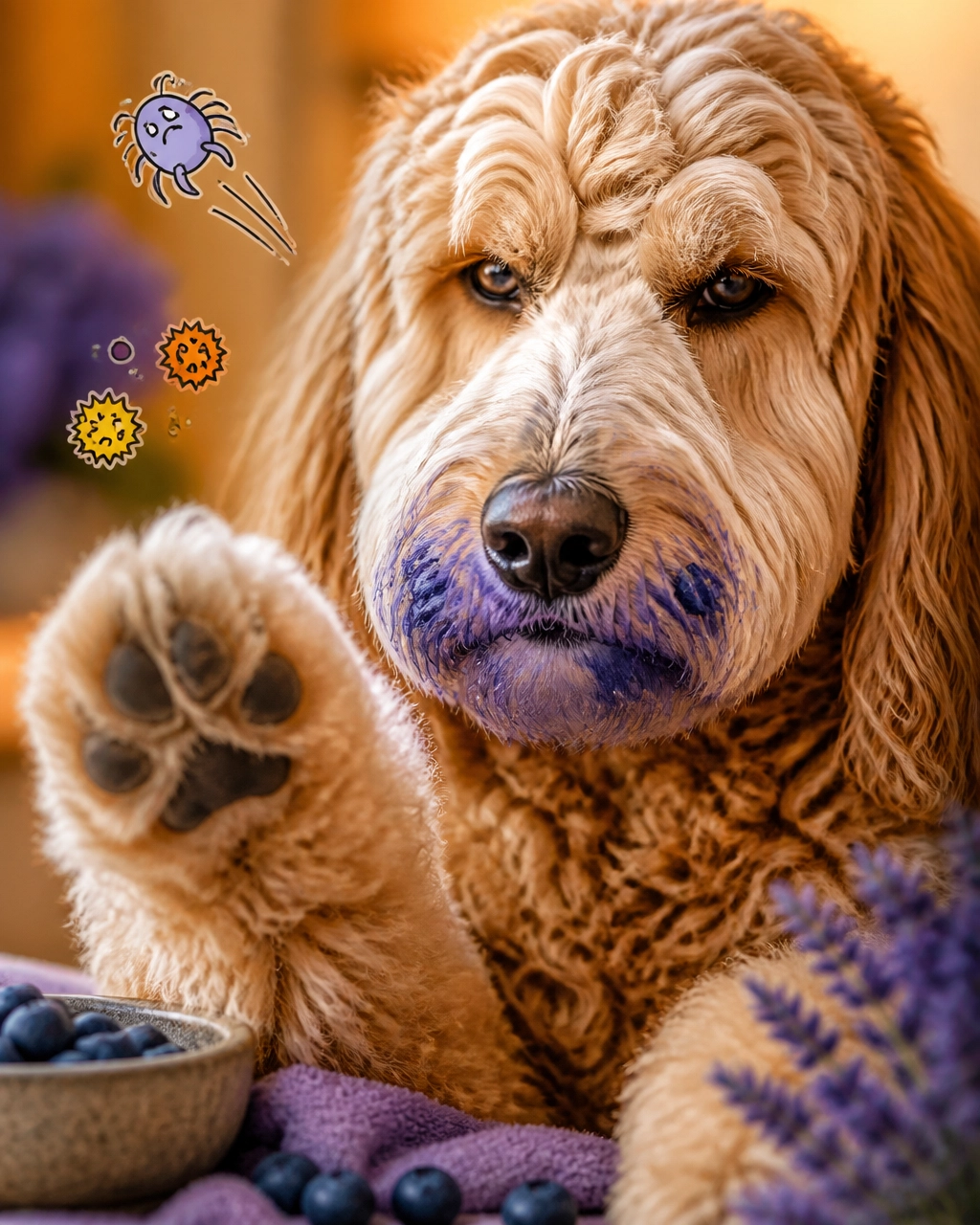 A giant Goldendoodle raising one paw as cartoon dust mites and pollen bounce away from its freshly brushed coat