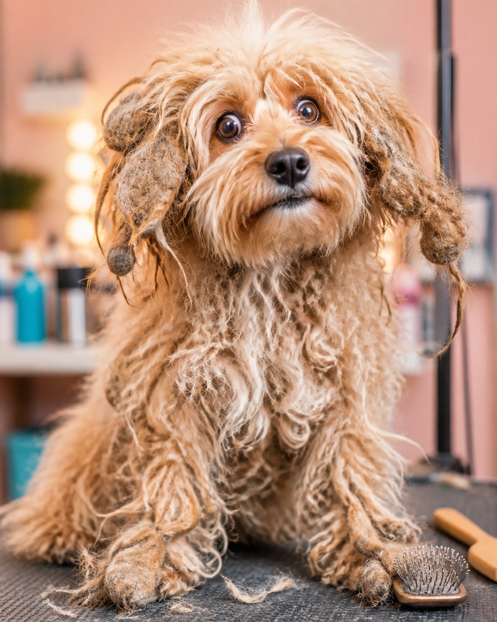 Funny tangled doodle showing why a mckinney mobile dog groomer helps with painful mats