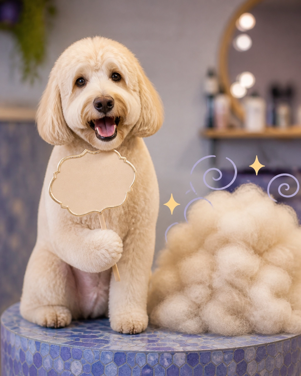 Freshly groomed Labradoodle posing proudly beside a fluffy cloud of brushed-out undercoat