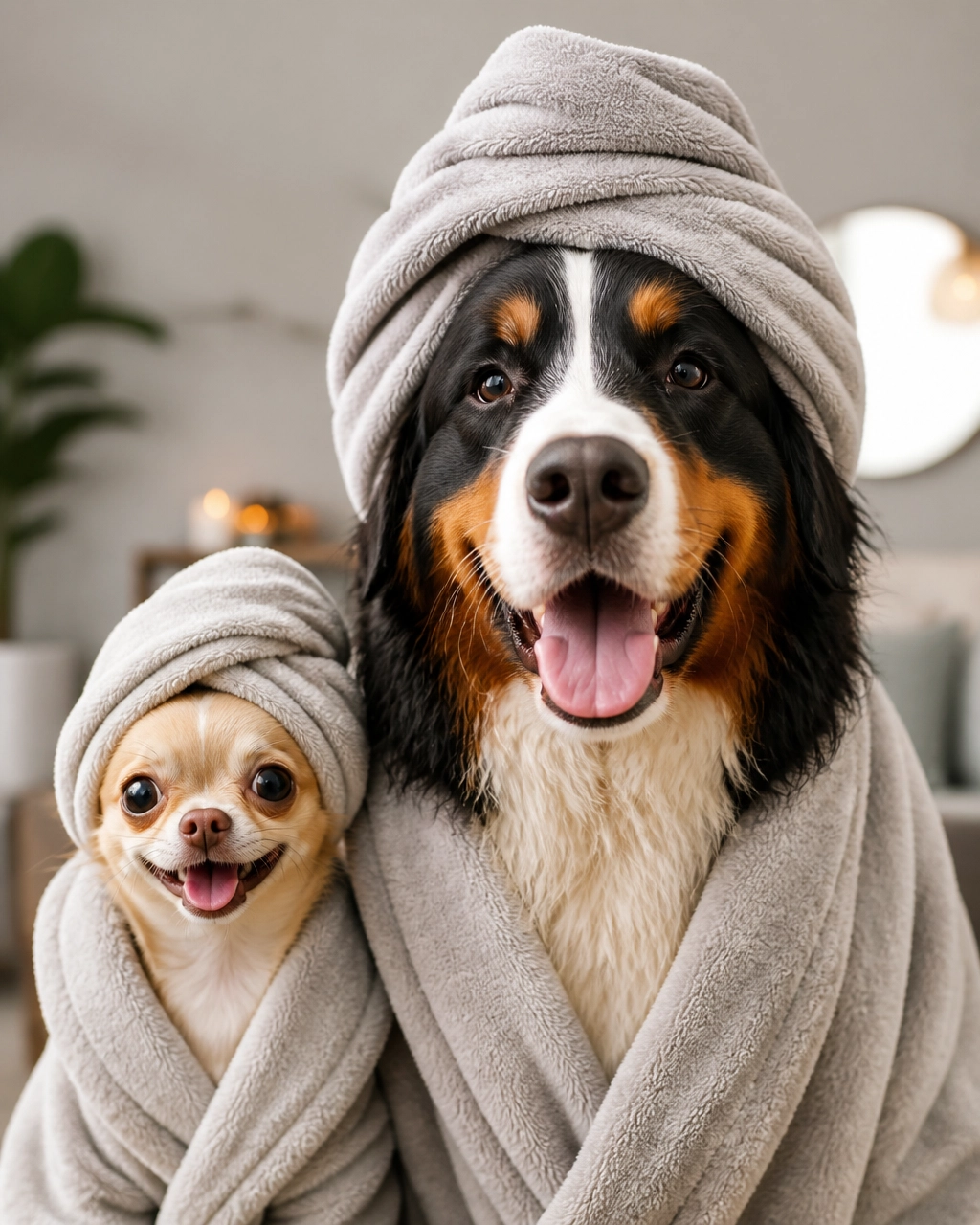 Small Chihuahua and large Bernese Mountain Dog relaxing together in spa towels