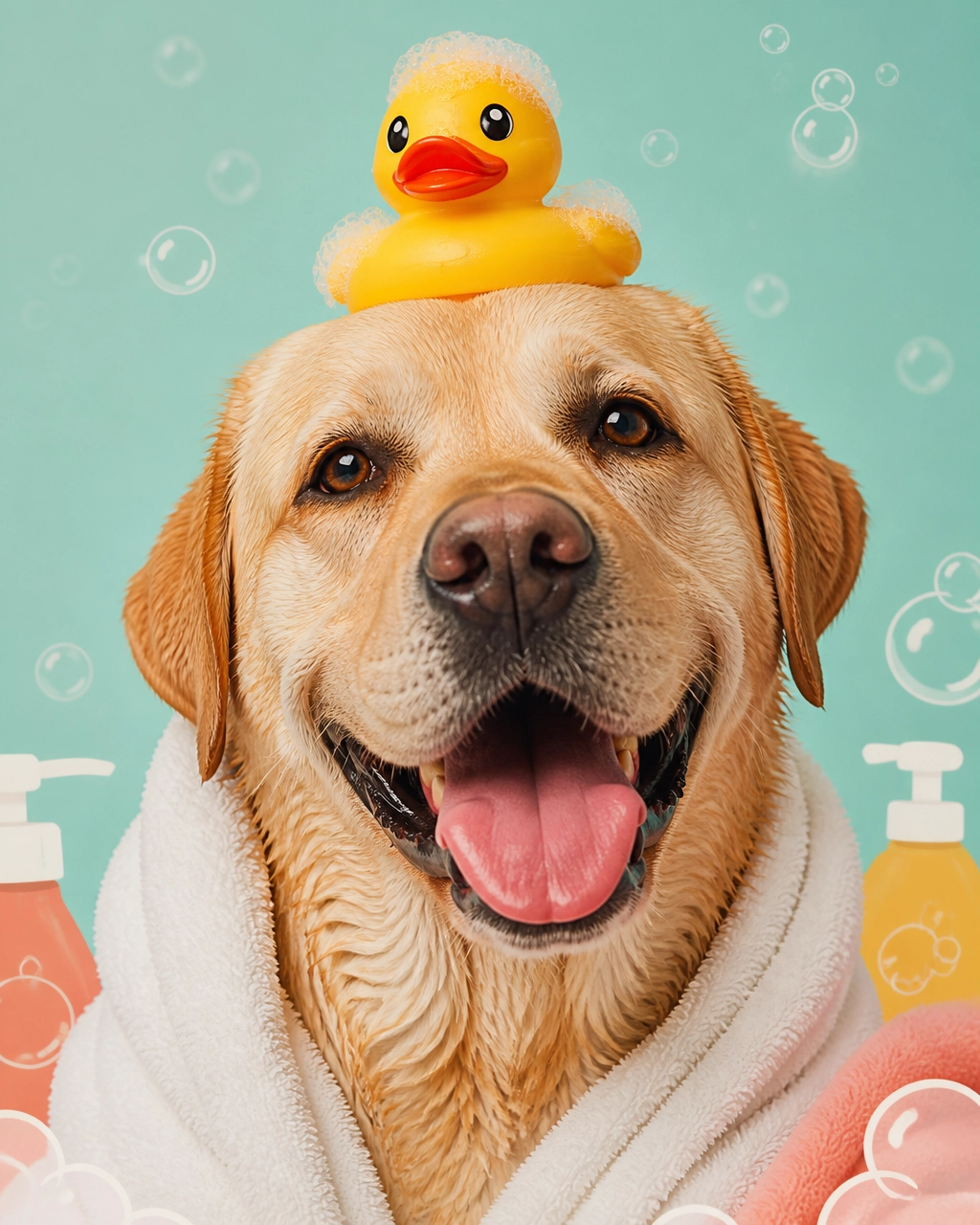 Goofy large Labrador retriever wrapped in a towel with a rubber duck after a professional bath