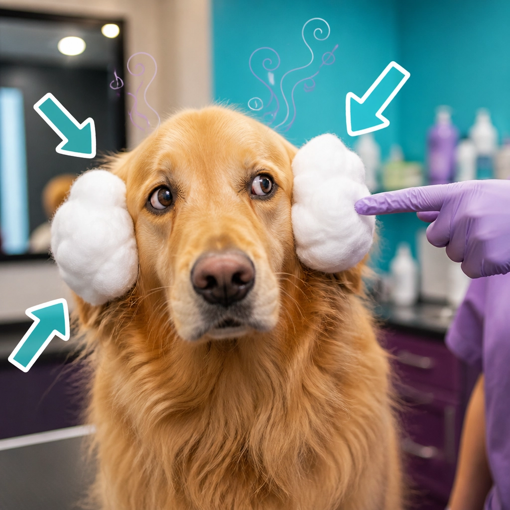 A fluffy golden retriever in a grooming salon with comical cotton-ball earmuffs and playful illustrated scent curls